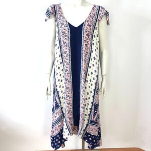 Maeve Anthropologie Small A-Line Viscose High Low Midi Dress All Over Print Blue